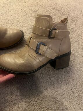 Women’s Neutral Buckle Ankle Bootie with Block Heel. From BUCKLE